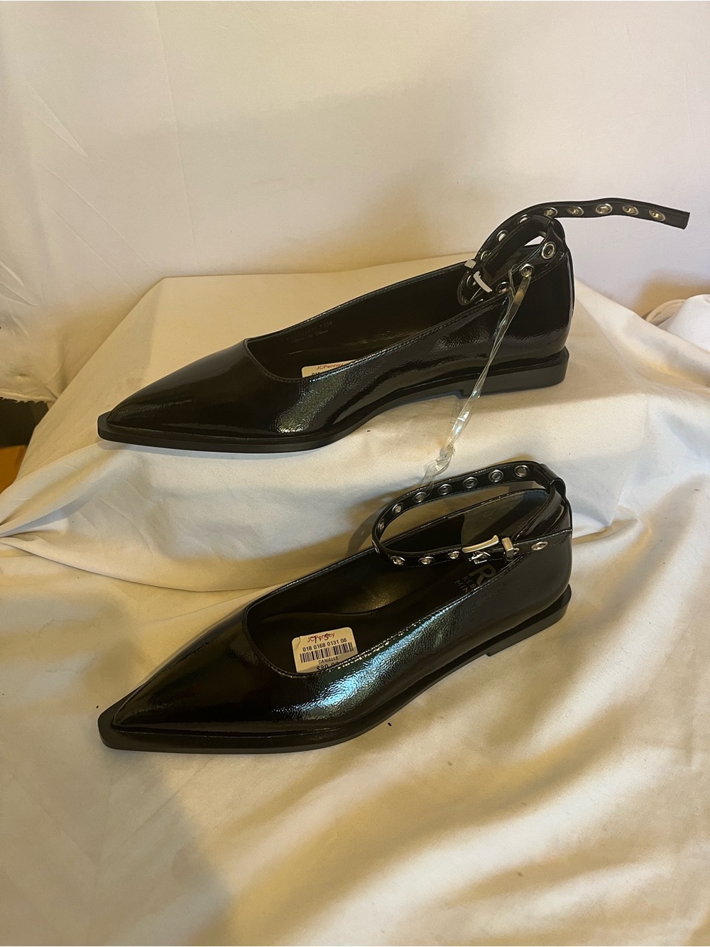 Rebecca Minkoff Black Patent Pointed-Toe Flats with Studded Ankle Straps